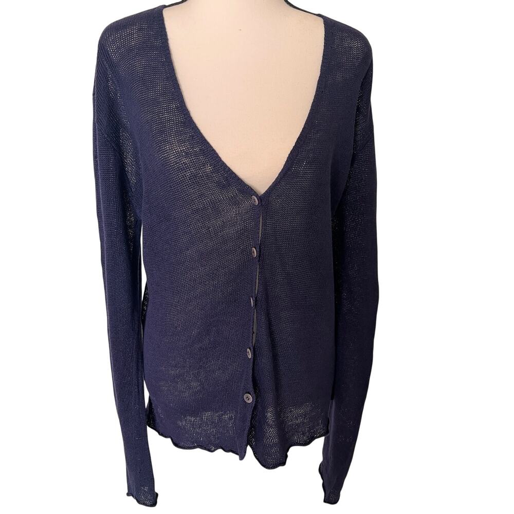 Eileen Fisher Sheer Organic Linen V-Neck Cardigan - Navy Blue